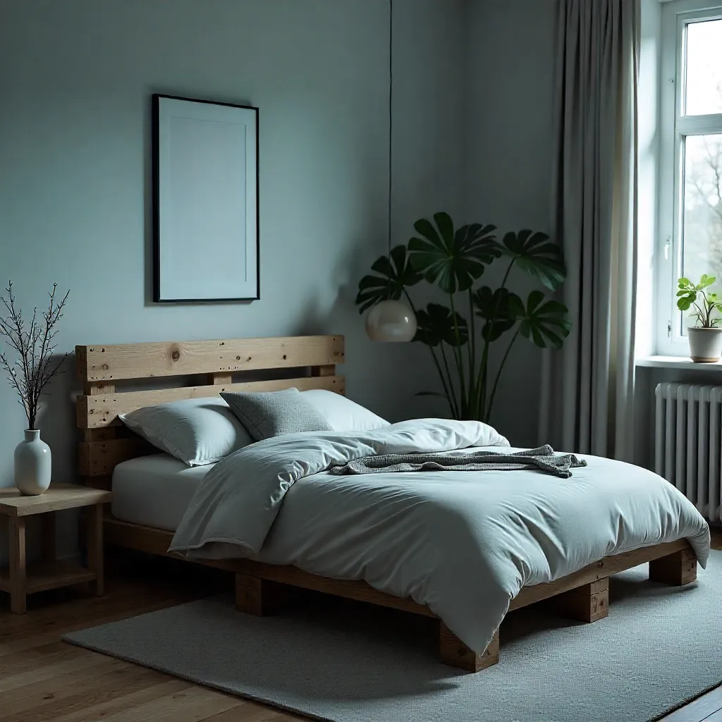 Cozy bedroom with pallet bedframe and reclaimed wood headboard