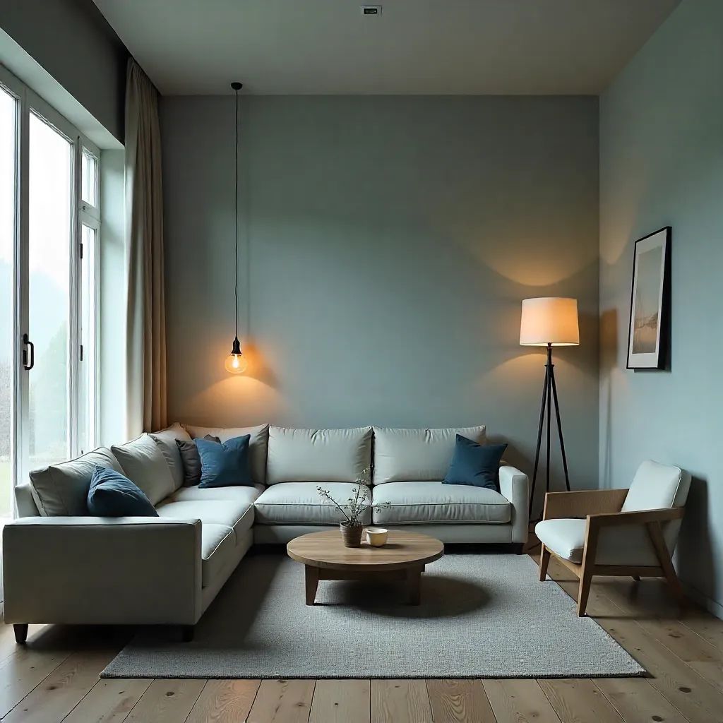 Eco-conscious living room with recycled wood furniture