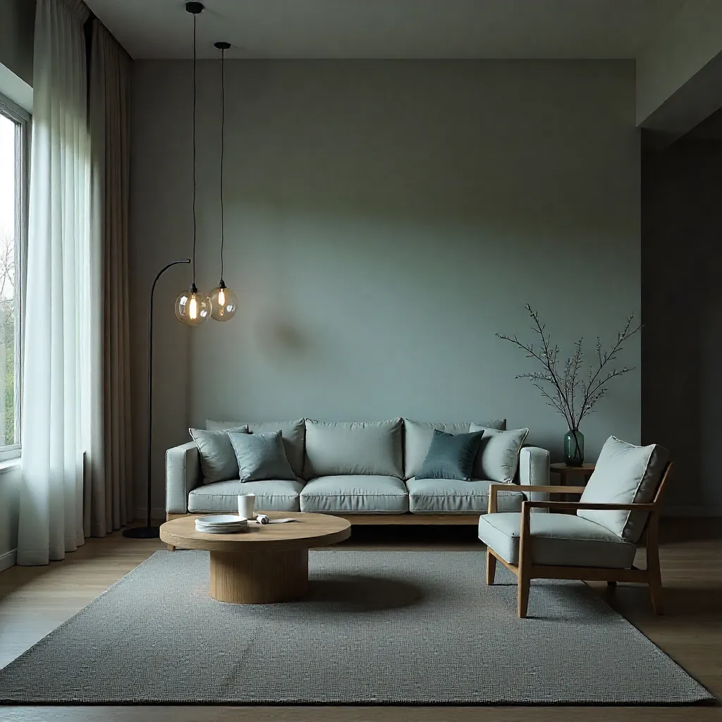 Eco-conscious living room with recycled wood furniture and natural elements