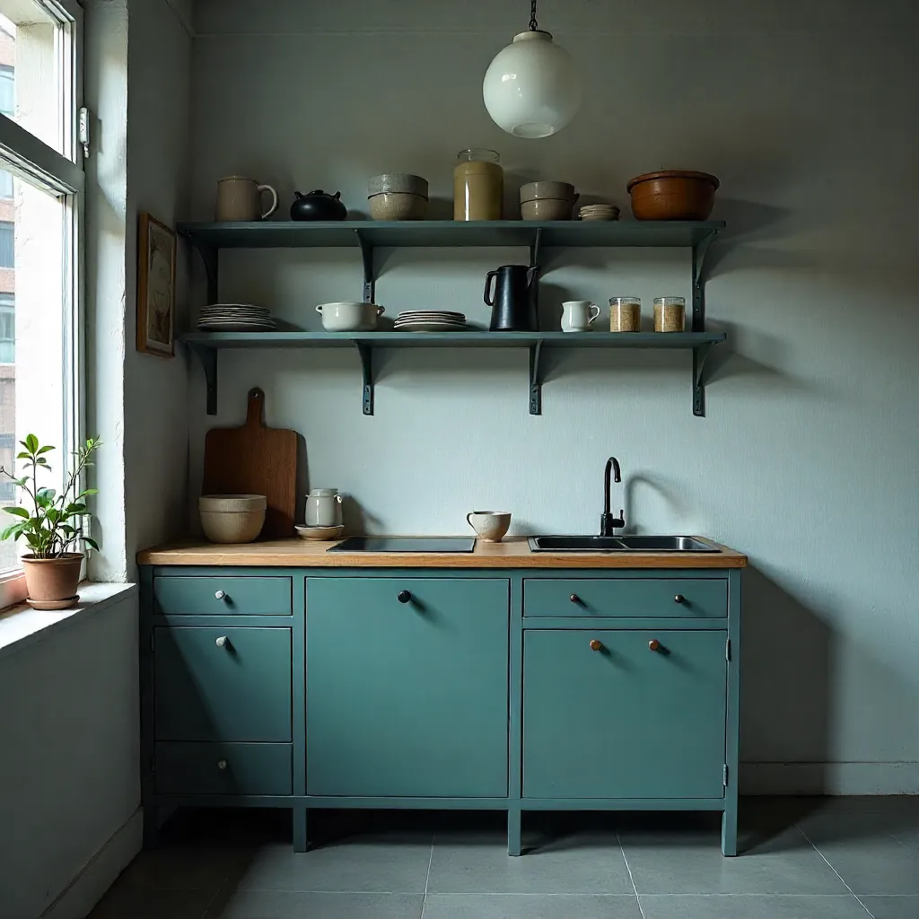 Small apartment kitchen featuring salvaged metal shelves